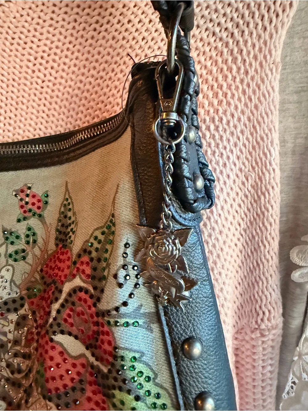 Ed Hardy Beige Canvas Hobo with Black Trim and Multicolor Skull Floral Design